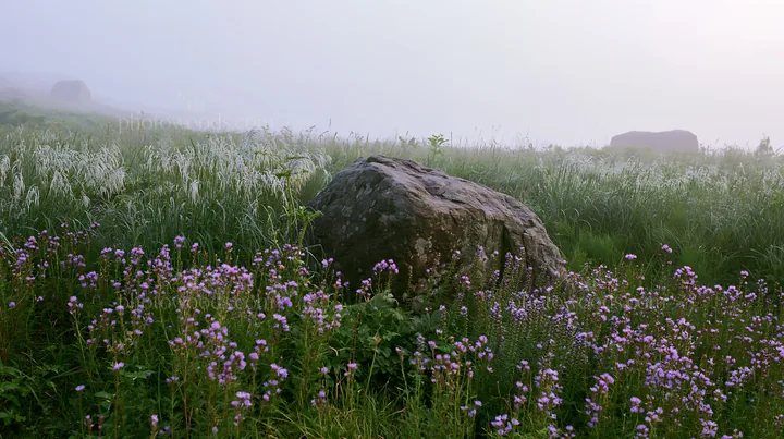 Aomori climate resilient meadow with boulder and flowers - AI-generated stock image