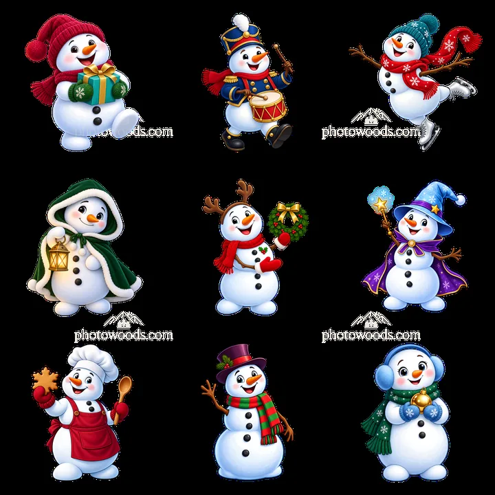 Christmas snowmen in various festive outfits and activities - AI-generated stock image