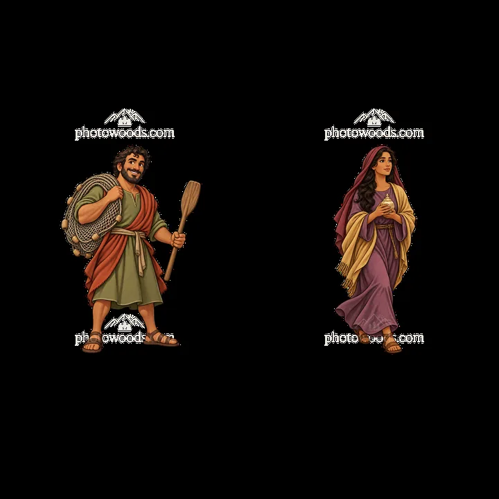 Jesus with a shepherd holding a staff and a woman in traditional dress - AI-generated stock image