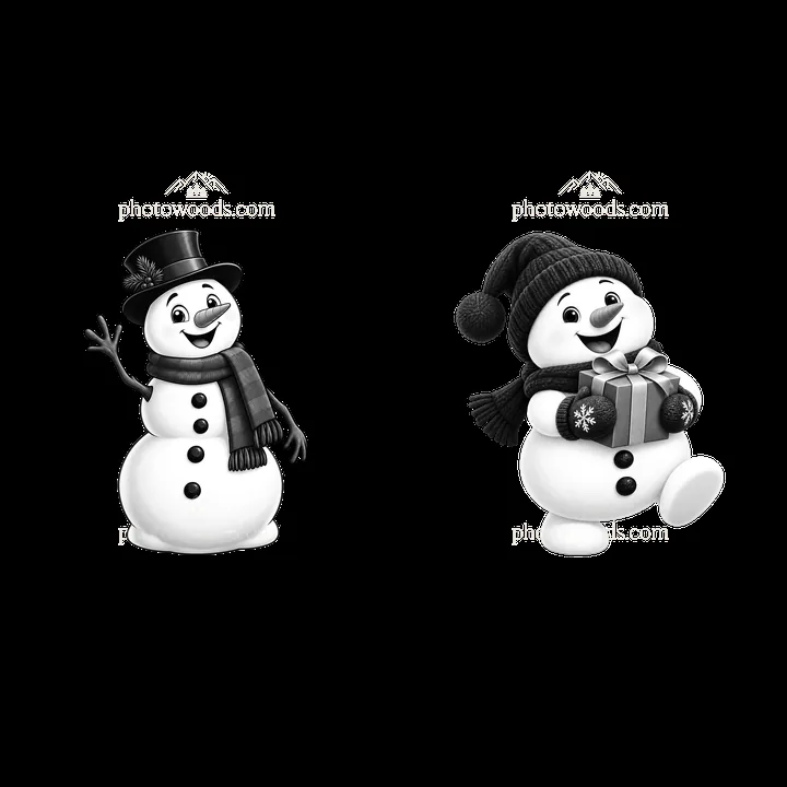 Two cartoon snowmen celebrating Christmas with gifts - AI-generated stock image