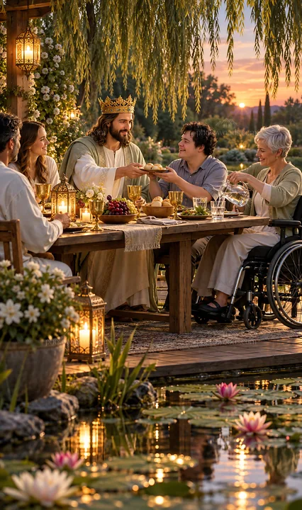 Jesus Christ sharing a meal with friends in a garden setting - AI-generated stock image