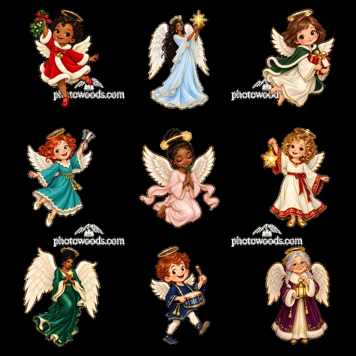 Christmas angel cartoon sticker set with girls and boys - AI-generated stock image