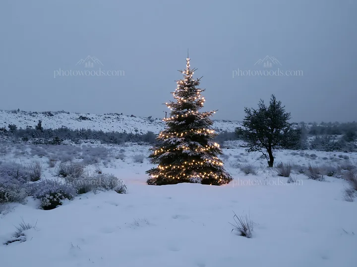 Decorated Christmas tree in snowy meadow lit by string lights - AI-generated stock image
