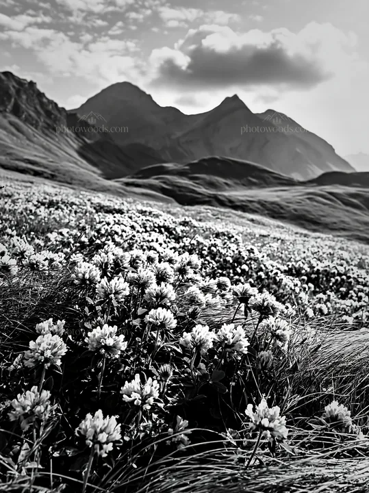Swiss alpine meadow with flowers and mountains in black and white - AI-generated stock image