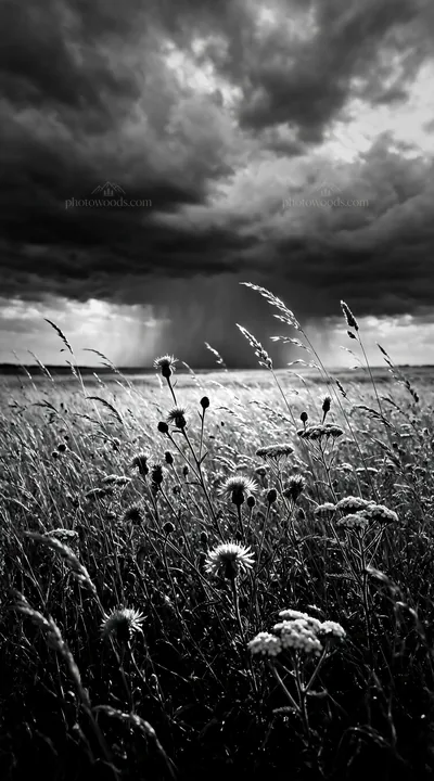 Black and white rewilded meadow with flowers and cloudy sky - AI-generated stock image