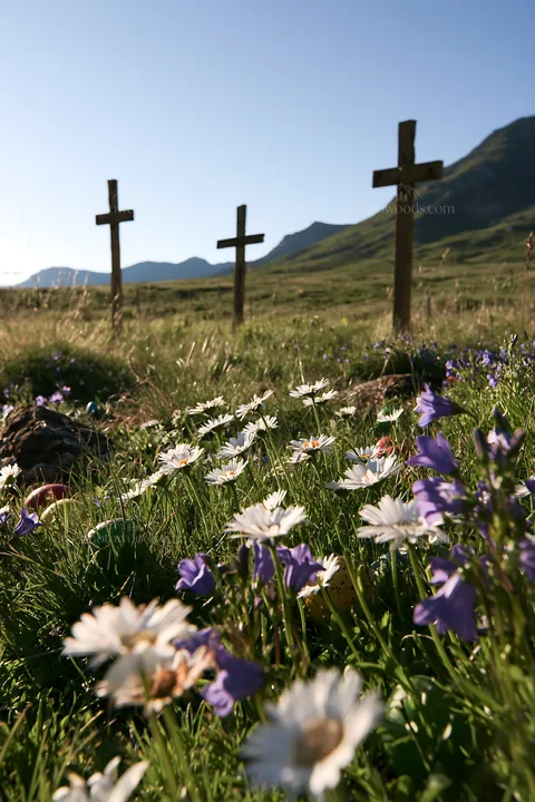 Three Christian crosses in a meadow with wildflowers - AI-generated stock image