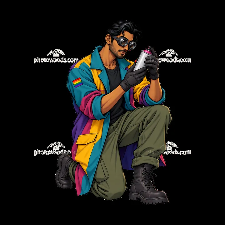 Gay graffiti artist in a colorful jacket with a spray can - AI-generated stock image
