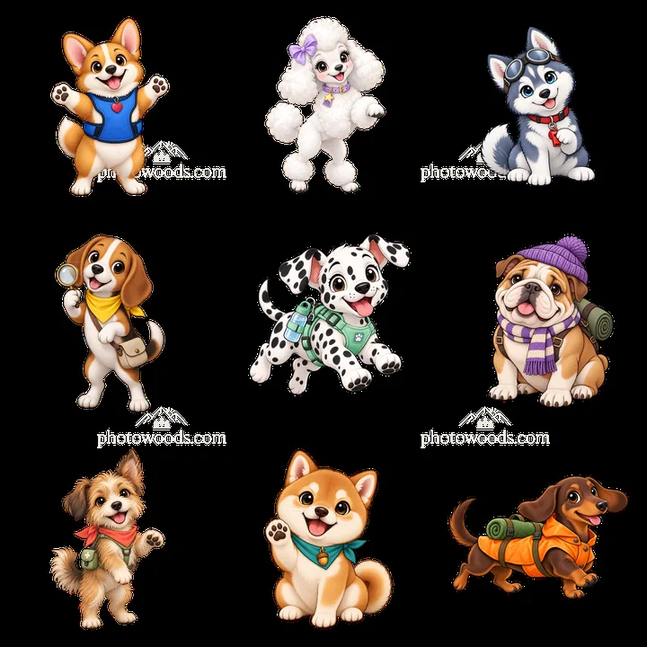Cute K-9 dogs in a colorful 3x3 cartoon sticker layout - AI-generated stock image