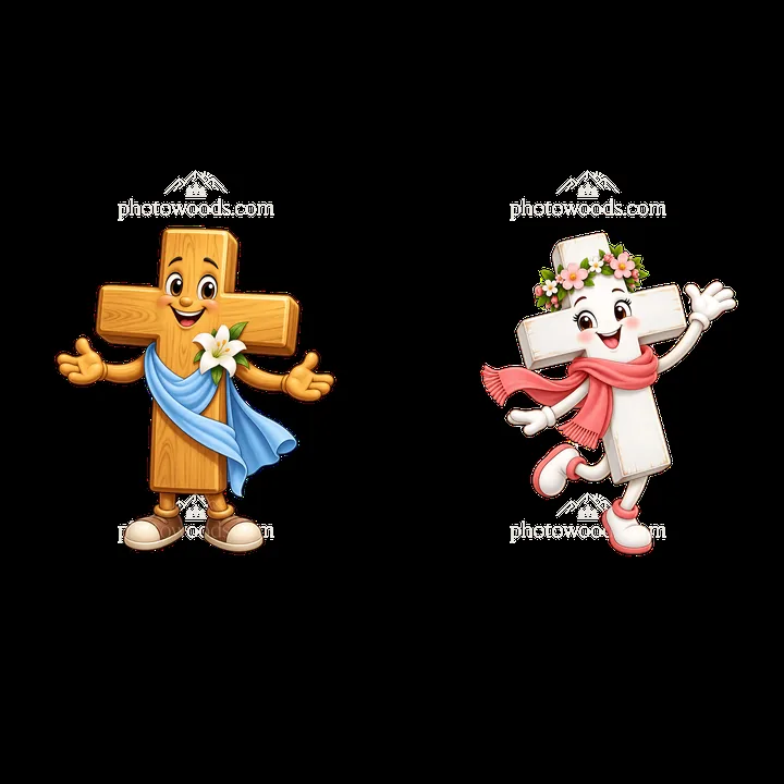Easter cross characters with joyful expressions and decorations - AI-generated stock image
