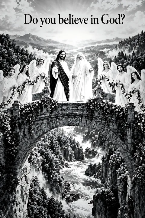 Do you believe in God with angels on the Bridge of Hope - AI-generated stock image