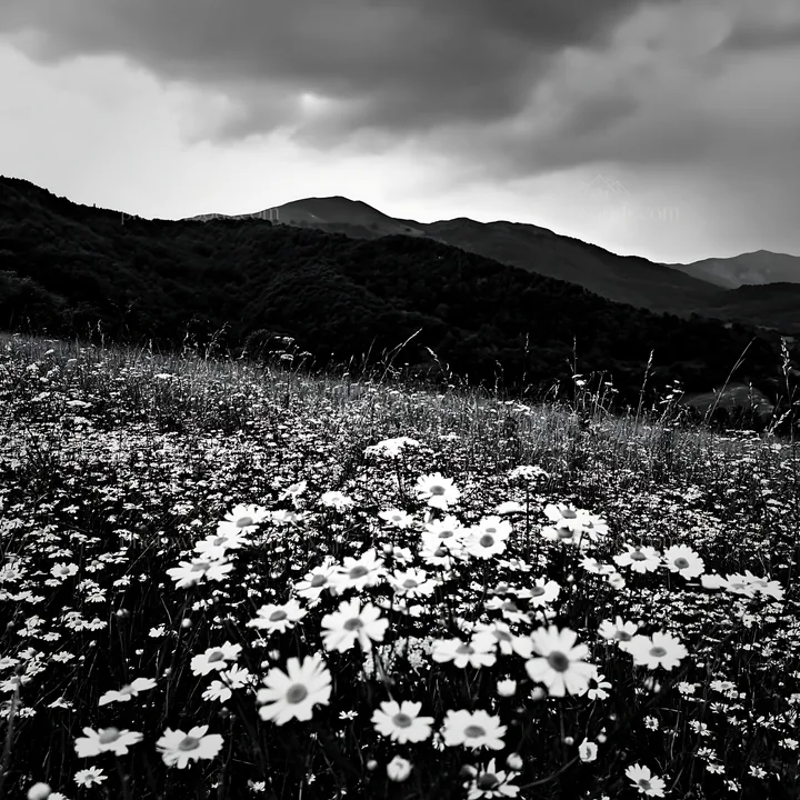 Chamomile meadow under cloudy sky in the mountains - AI-generated stock image