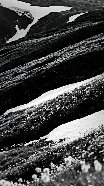 Black and white akita snowmelt meadow with silver grasses and flowers - AI-generated stock image