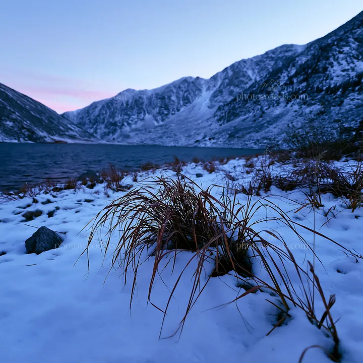 Lakeside meadow shows first snowfall with mountains in winter - AI-generated stock image
