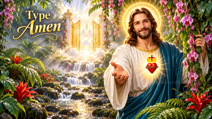 Orchid rainforest gate with religious figure - AI-generated stock image