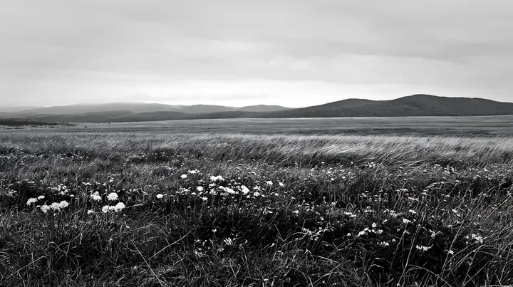 Cloudy limestone meadow landscape with green grass and flowers - AI-generated stock image