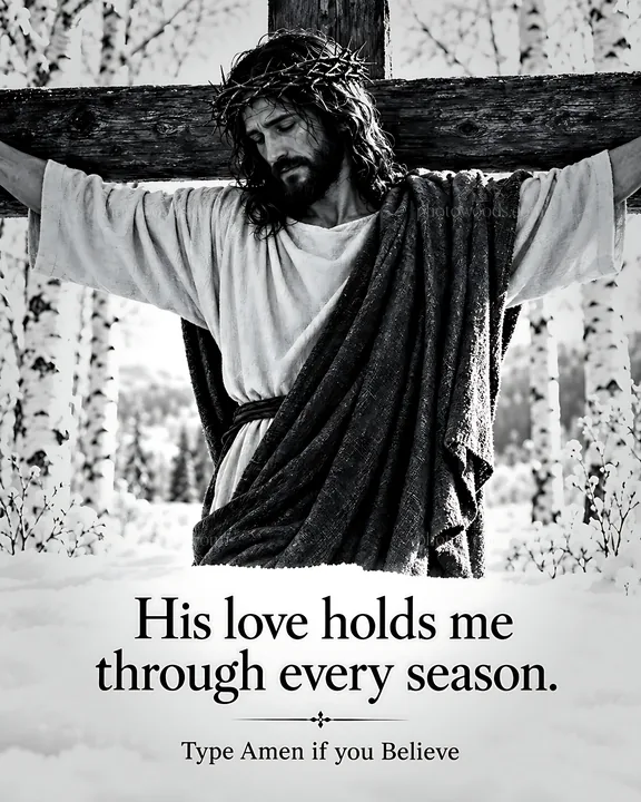 Grace in the winter season with a figure on a wooden cross - AI-generated stock image
