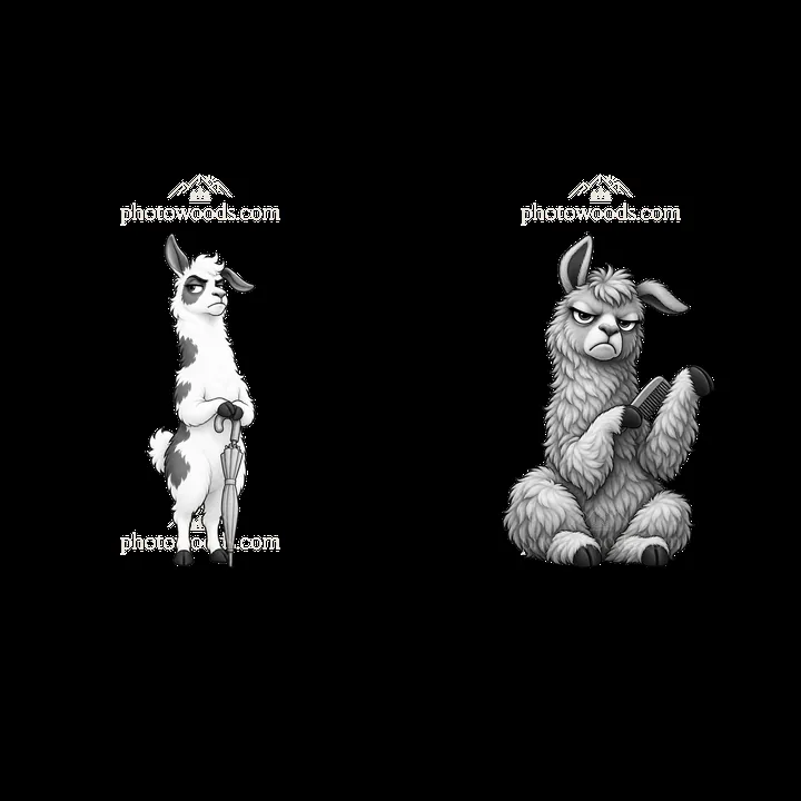 Grumpy cartoon llamas with accessories in monochrome style - AI-generated stock image