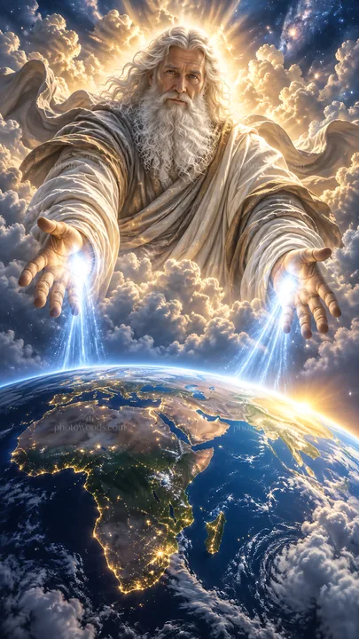 Jesus Christ reaching out to the world from above - AI-generated stock image