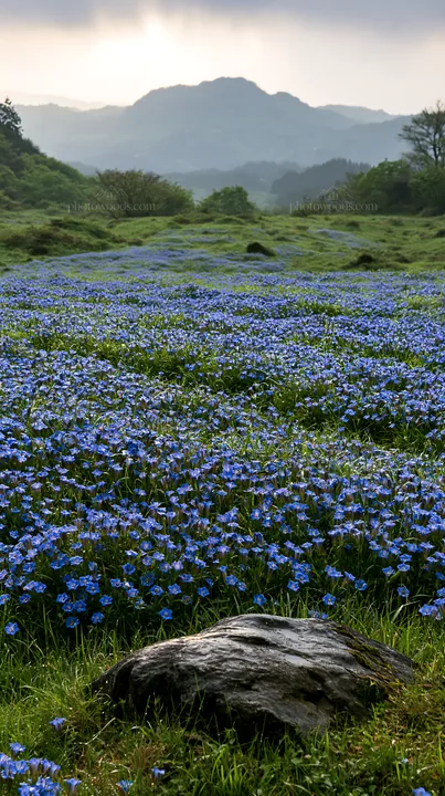 Hiroshima rainy meadow with smooth rock in the foreground - AI-generated stock image
