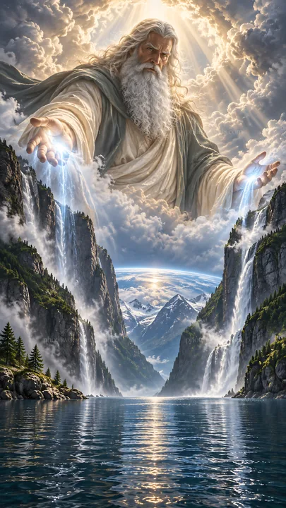 Jesus Christ welcomes with open arms amid majestic mountains - AI-generated stock image