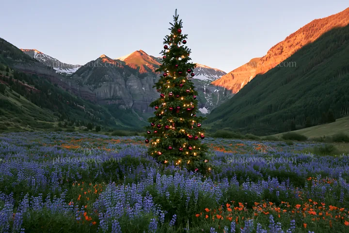 Christmas tree in mountain valley meadow during winter sunset - AI-generated stock image