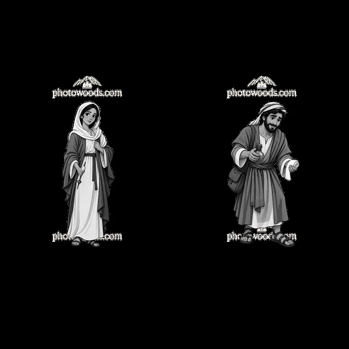 Jesus and Mary cartoon sticker illustration in black and white - AI-generated stock image