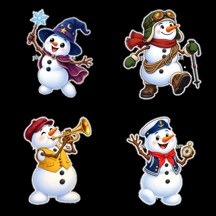 Snowman characters with hats, instruments, and winter accessories - AI-generated stock image