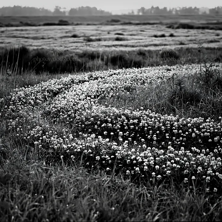 Black and white niigata floodplain restoration meadow dew foreground - AI-generated stock image