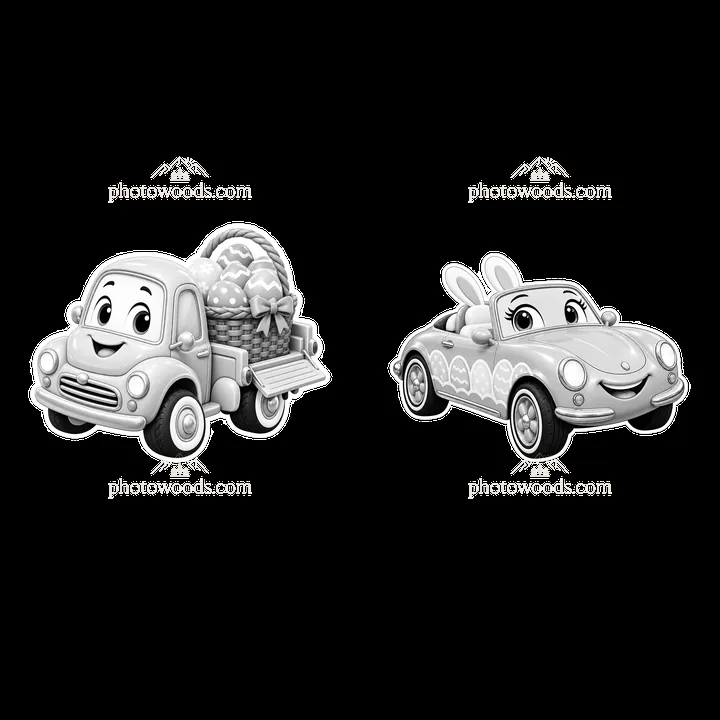 Easter car with bunny and basket illustration in black-and-white - AI-generated stock image