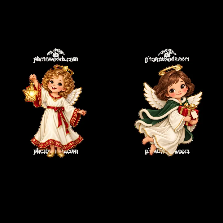 Christmas angels holding a star and gift in festive outfits - AI-generated stock image