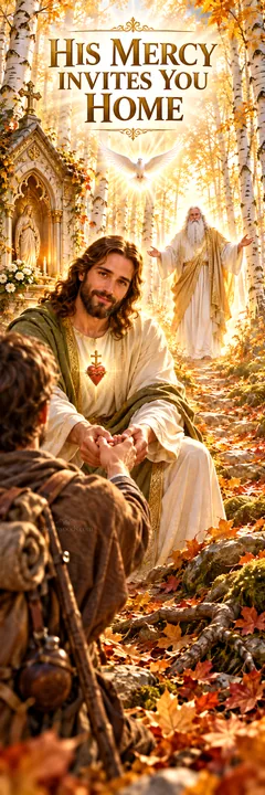 Jesus Christ extends mercy and compassion in a forest scene - AI-generated stock image