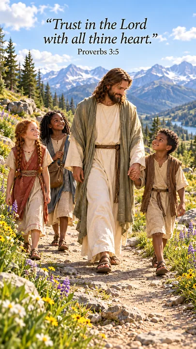 Jesus Christ walking with children in nature - AI-generated stock image
