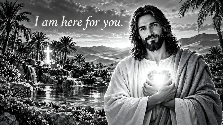 Light in the desert oasis reveals a figure holding a heart - AI-generated stock image