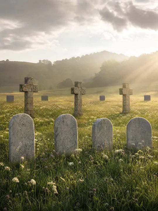 Christian crosses in meadow with sunbeams shining through - AI-generated stock image