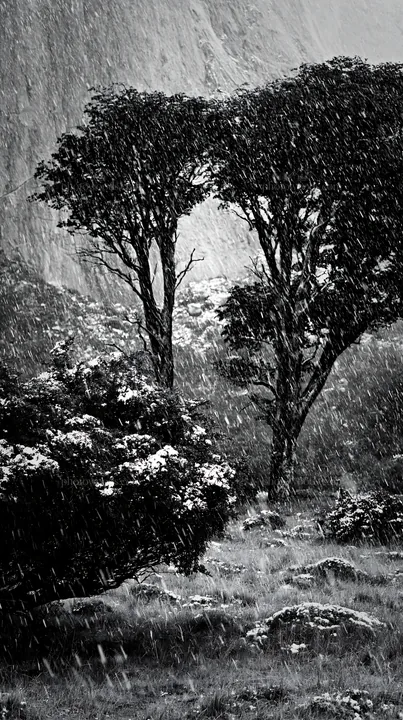 Snow falling in Torres del Paine meadow with trees - AI-generated stock image