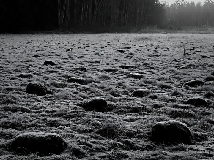 Rewilded Akita grass meadow with stones at dawn - AI-generated stock image