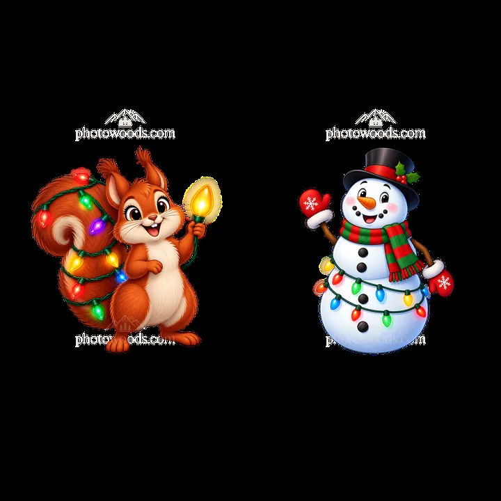 Squirrel with string lights and snowman holding mittens - AI-generated stock image