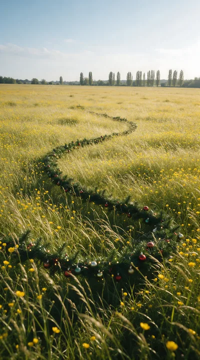 Vibrant Christmas garland curves through meadow grass - AI-generated stock image