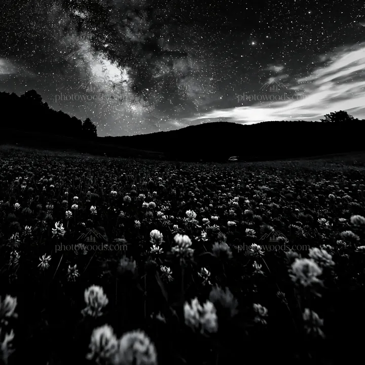 Colorful clover meadow under a starry night sky - AI-generated stock image