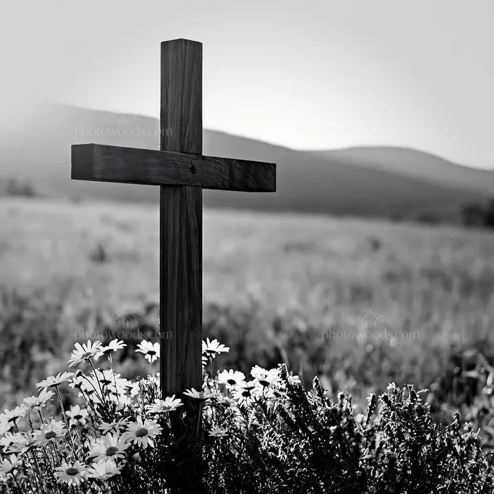 Christian cross in backlit summer meadow with flowers - AI-generated stock image