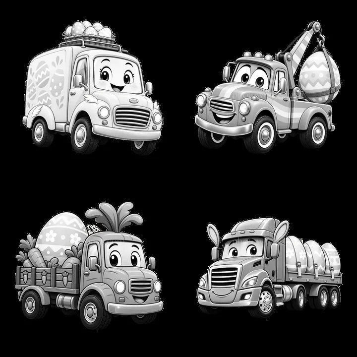 Easter-themed trucks with decorations and cargo in black and white - AI-generated stock image