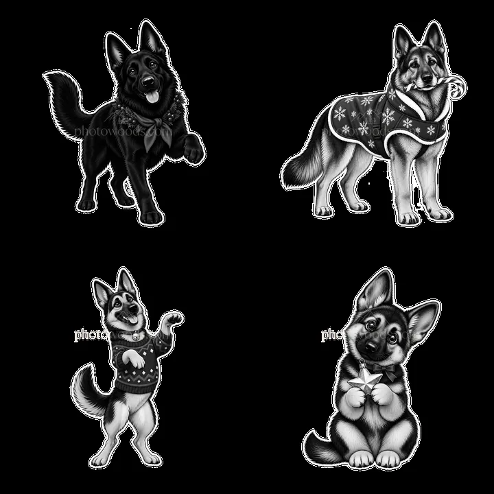 Four Christmas themed German Shepherd cartoon stickers - AI-generated stock image