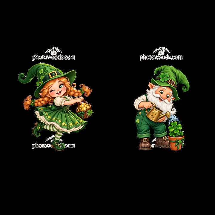 St. Patrick's Day gnome and girl with shamrocks and gold - AI-generated stock image