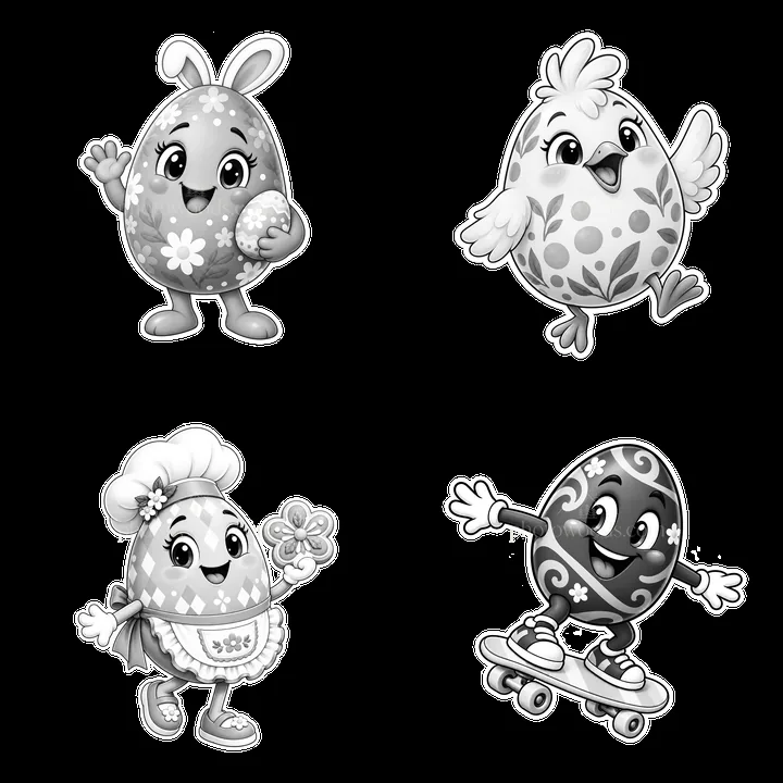 Colorful Easter eggs with characters holding props in black and white - AI-generated stock image