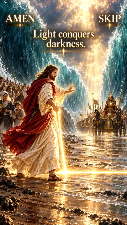 Jesus Christ parts the waters with light - AI-generated stock image