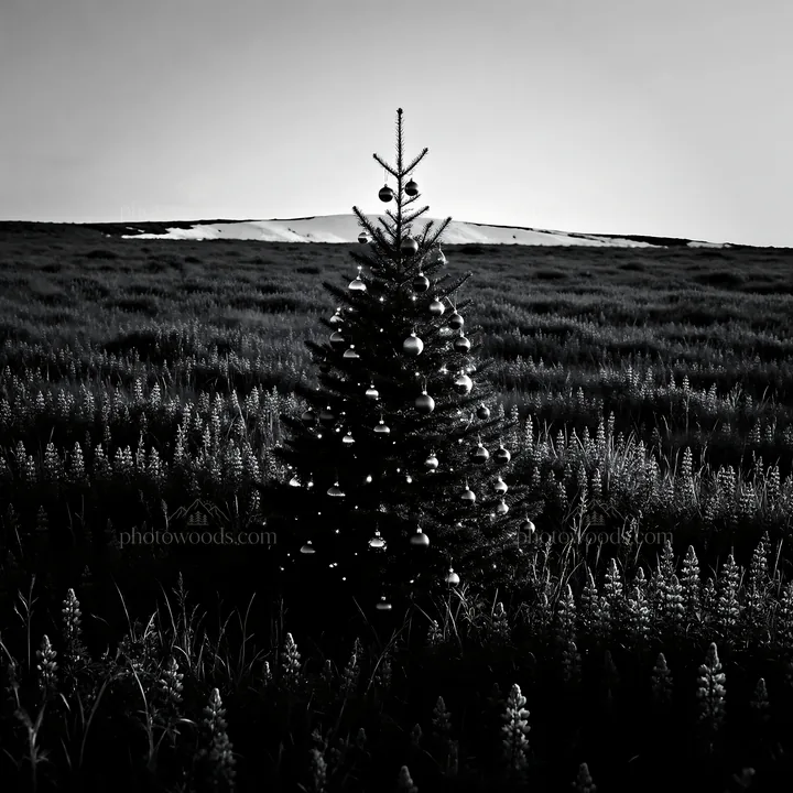 Vibrant Christmas tree stands in winter meadow - AI-generated stock image