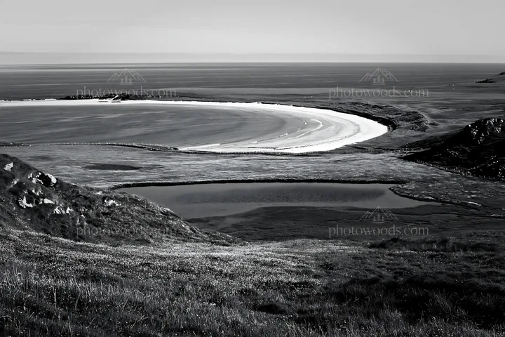Machair beach meadow with pond and ocean view - AI-generated stock image