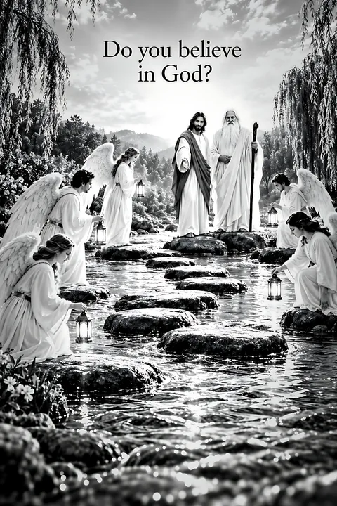 Belief in god at the river crossing - AI-generated stock image