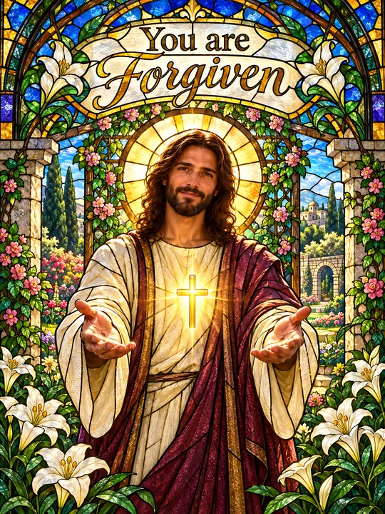 Jesus Christ offers forgiveness with open arms - AI-generated stock image