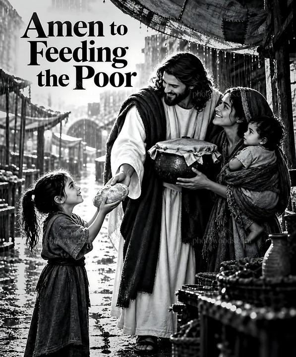 Kindness after the rain in a market scene - AI-generated stock image
